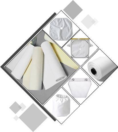 A picture includes filter cloth rolls and filter cloth plates in white or yellow color.